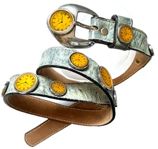 1980's-90's Vin. STREETS AHEAD-Retro CLOCK Studded Belt - size O/A - 39.5"x 1/2"