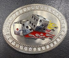 Pewter Belt Buckle  4 1/2" X 3 1/2" : "Flaming Dice"