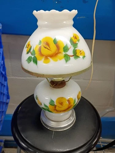 Milk Glass Lamp Vintage Yellow Roses With Inner Hurricane
