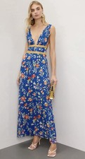 RIXO Charlotte Maxi Dress multicolor floral pattern w/ gold metallic trim.size M
