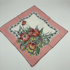 11  Vintage Floral Handkerchief Red Tulips On Pink  White Background