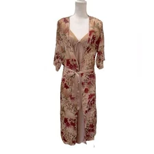 Vintage Cinema Etoile 2pc Set Shiny Beige Lace Lingerie Gown & Sheer Floral Robe