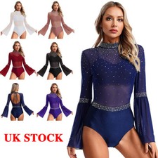 Women Leotard Competition Bodysuit Sheer Jumpsuit Flare Sleeve Costume Dancewear