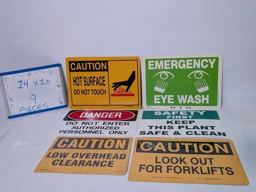 Lot of 9 Safety Signs, 14" x 10", Wall Mount, Varying Legends and Conditions