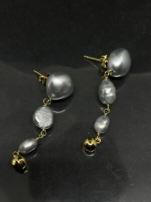 Fashion GoldTone Faux Gray Pearl Dangle Drop Post Beaded Pierced Earrings 1.5 