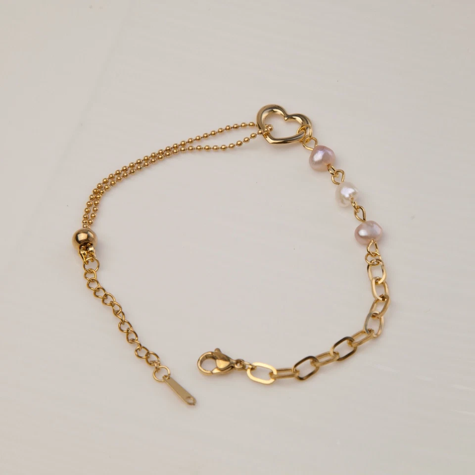 Gold Plated Stainless Steel Bracelet, Freshwater Pearls and Heart Bracelet — 第 3/4 张图片