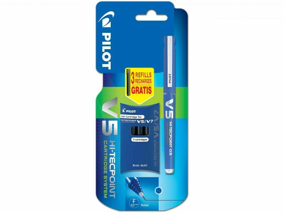 Pilot V5 Hi-Tecpoint Cartridge System EF Refillable Pen BLUE Ink + 3 Refills