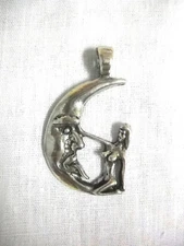 SEXY GIRL ON CRESCENT MOON TONGUE TEASER USA PEWTER PENDANT ADJ CORD NECKLACE