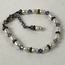 Vtg Baby to Girl Bracelet Adjusts 5.5-6.5  Beaded Pearl Purple Crystal Sterling