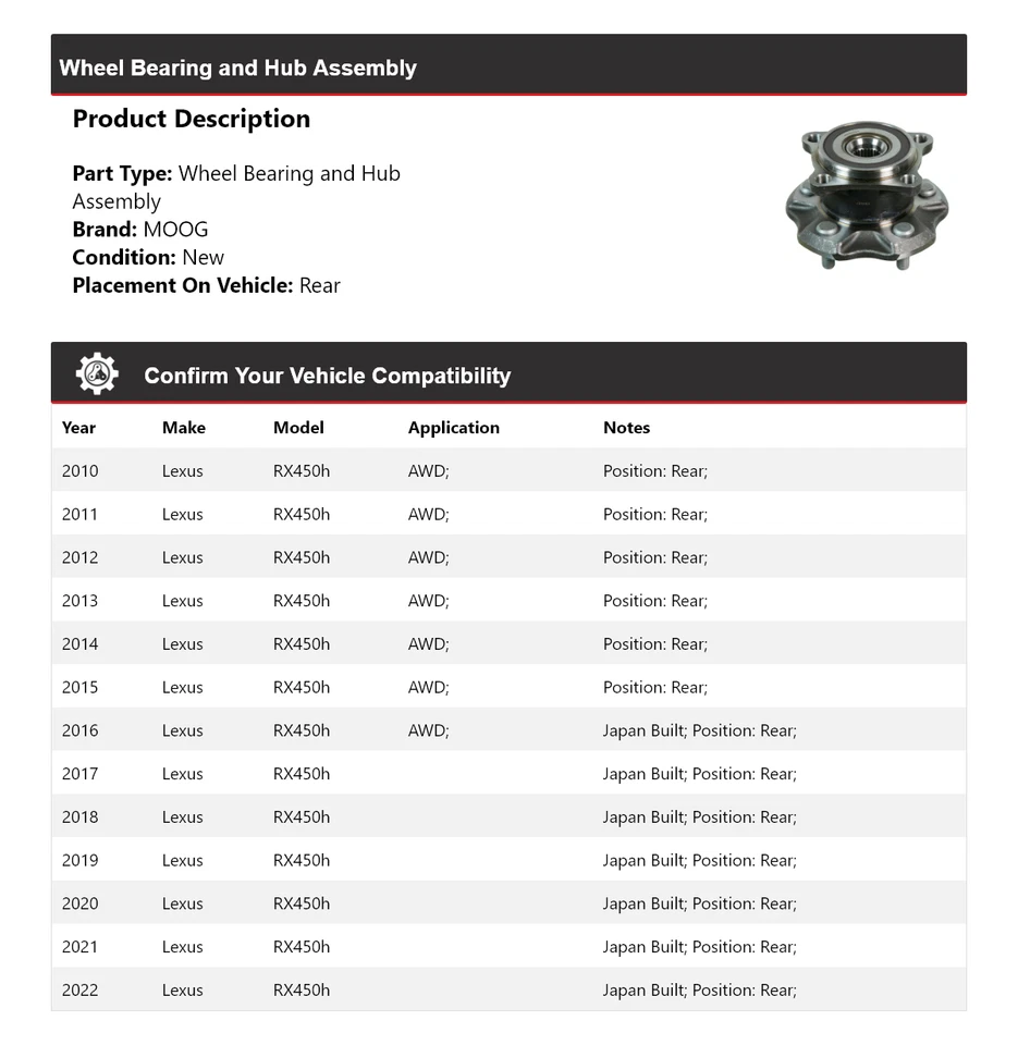Conjunto de cojinete de rueda y buje trasero MOOG 2010 2011 para Lexus RX450h 2010-2022 Foto 2 de 4