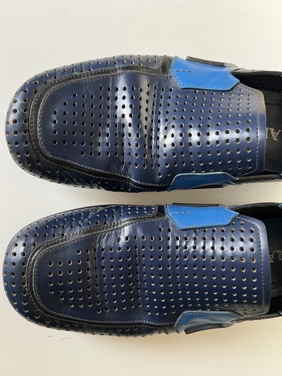 Authentic Prada Mens Black Blue Perforated Leather Slip On  display picture 3