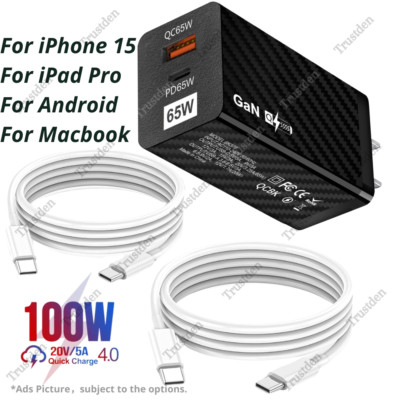 For iPhone 15 Macbook iPad Pro 100W USB Type C Fast Charger Cord 65W GaN Adapter