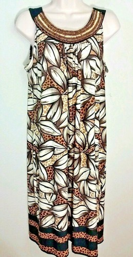 Another Thyme Brown Beaded Neck Sleeveless Floral Leopard Print Dress Size 12