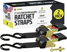 DC Cargo Bolt-On Auto Retractable Ratchet Straps - (2 Pack) 2 Inch X 5.5 Ft - 1,