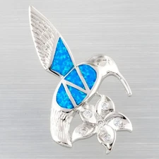 Hummingbird Flower Ocean Blue Fire Opal Silver Jewelry Necklace Pendant