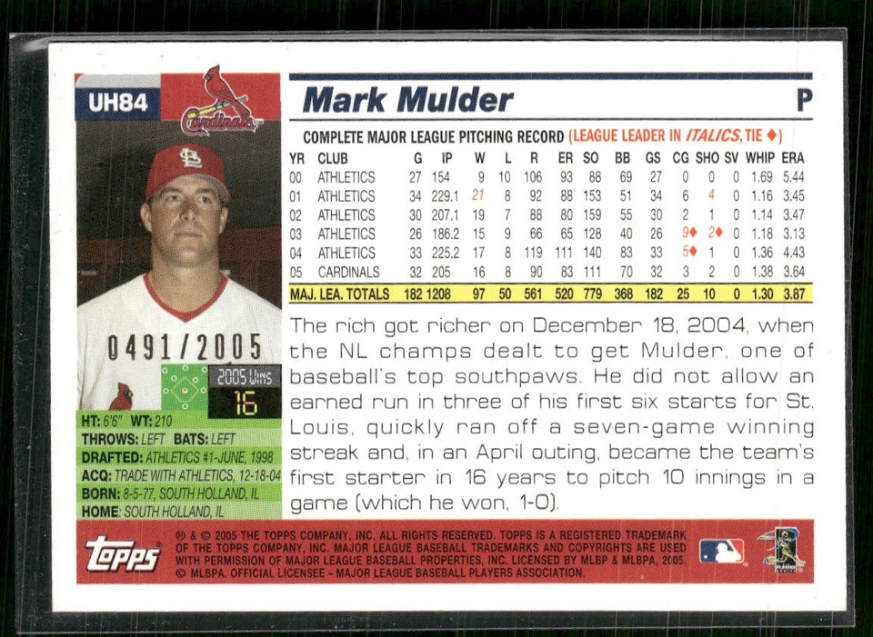 2005 Topps Updates & Highlights #UH84 Mark Mulder Gold #/2005 - Image 2 of 2
