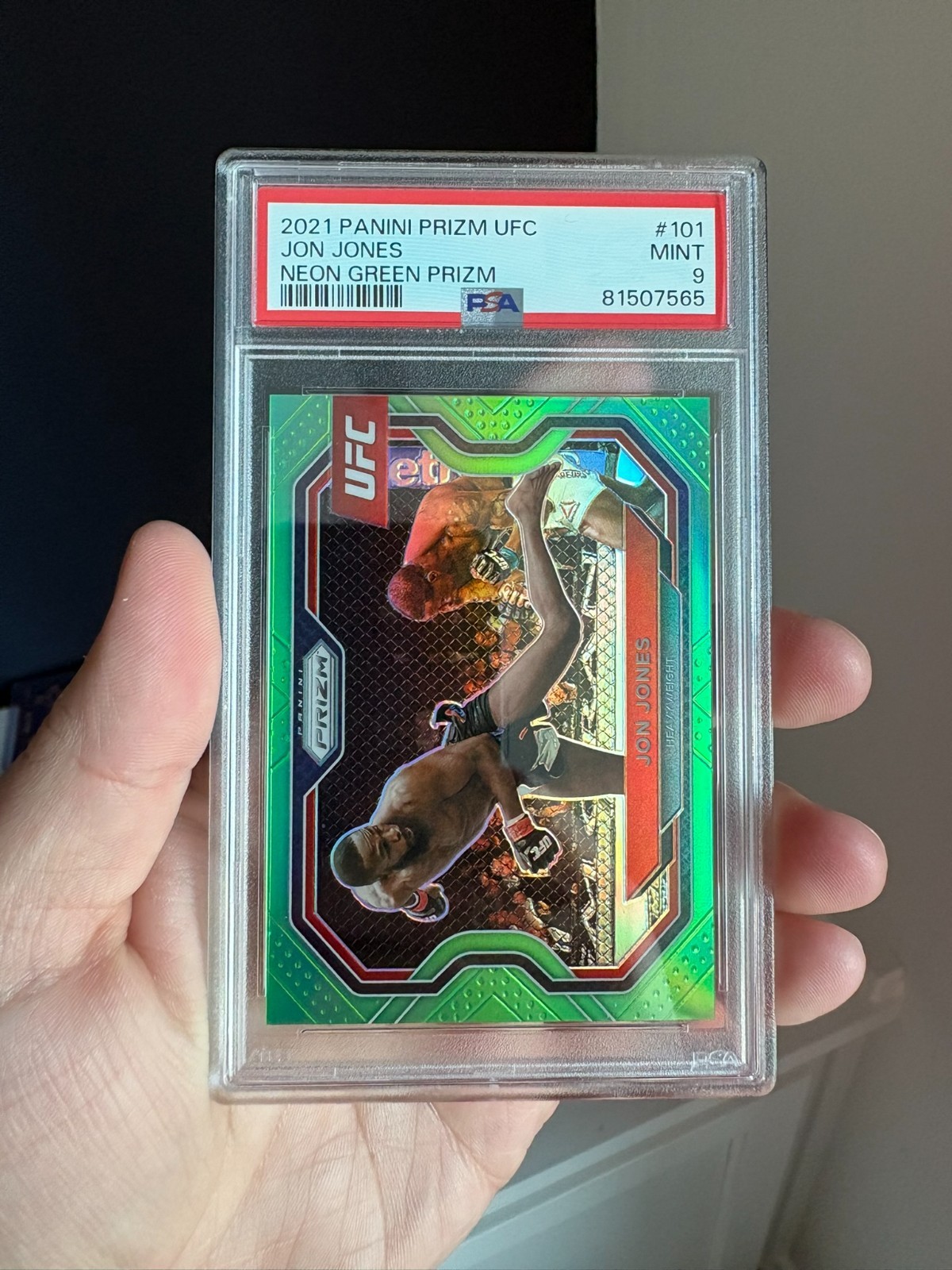Jon Jones Neon Green Prizm /75 - 2021 Panini Prizm UFC Debut #101 - PSA 9 view 2