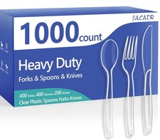 SACATR 1000 Count Clear Plastic Silverware Heavy Duty -Forks, Spoons,Knives