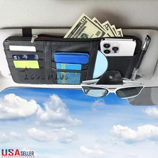 Leather Car Sun Visor Organizer 12"x6" Black Universal for Cards Phone Cash Pens