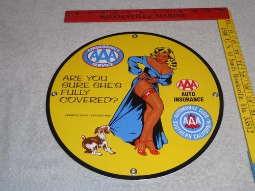 VINTAGE 1958 AAA AUTOMOBILE CLUB WOMAN +DOG 11 3/4" PORCELAIN METAL GAS OIL SIGN