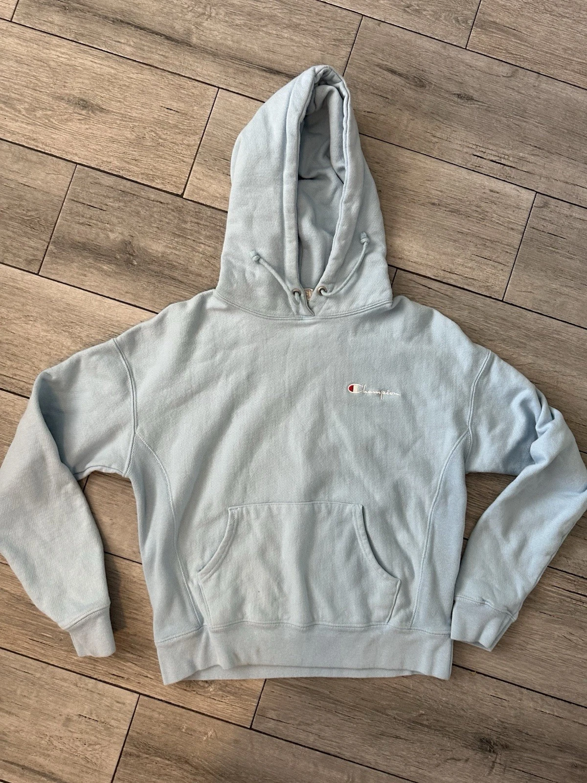 VTG Champion Womens Medium Light Blue Reverse Weave Pullover Hoodie Sweatshirt