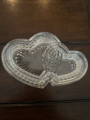 CRYSTAL GLASS Double Heart Trinket Jewelry Vanity Dresser Box-VTG 1980 s