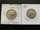 1955P, 1955D 63 Washington Quarters. 90% Silver circulated 2 Coins