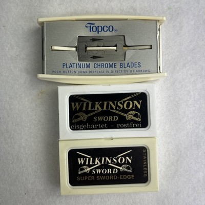 Vintage Wilkinson Sword Sword Edge Stainless Blade Lot Of 2 + Topco Chrome Blade