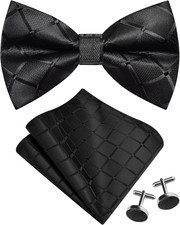 Mens Plaid Checkered Bow Tie Handkerchief Jacquard Woven Adjustable Pre-Tied Bow