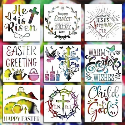 9 PCS 8x8 Inch Easter Painting Stencils Spring Blessing Word Reusable Template