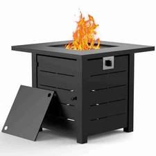 28" Propane Fire Pits With Lid Lava Rock 50000 BTU Steel Gas Fire Pit Table New