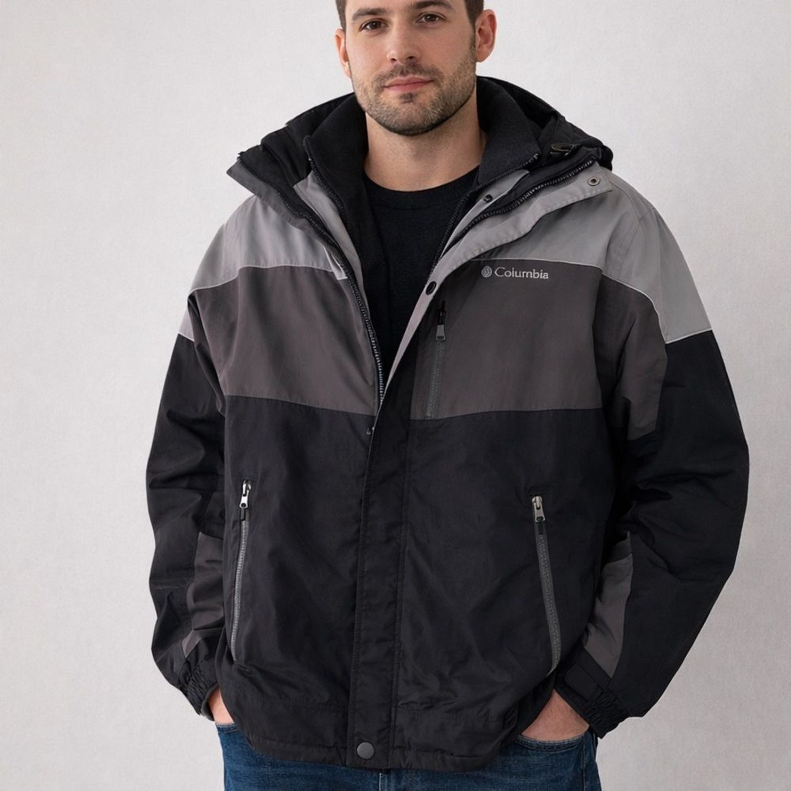 Chaqueta Columbia Interchange 3 en 1 negra gris forrada de lana con capucha para hombre L esquí