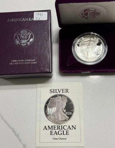 1991 S 1 oz PROOF .999 Silver American Eagle w/OGP & COA