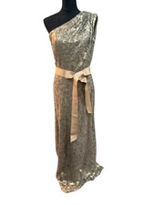 Tadashi Shoji Womens Gown Size 12 Olive Green One Shoulder Sequins Side Zip Belt
