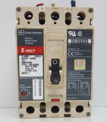 TESTED Cutler-Hammer HMCP070M2 /C HMCP  Circuit Breaker 70A 3P 250/600VDC