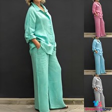 Casual Women Cotton Linen Suit Loose Long Sleeves Shirt Pants Set Female Outfits