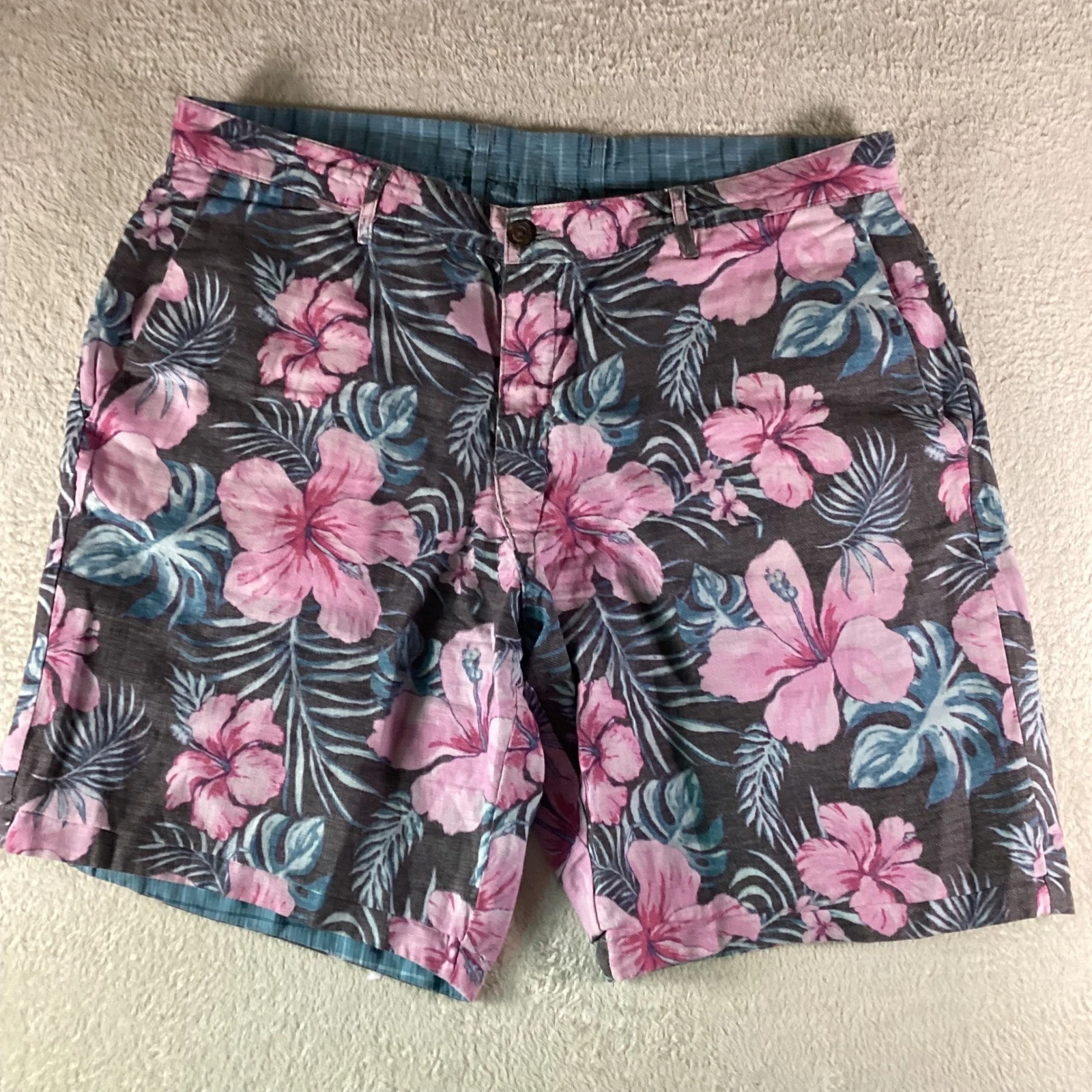 Tommy Bahama Mens Reversible Linen Shorts 38 Floral Plaid Pink Blue Tropical 9"