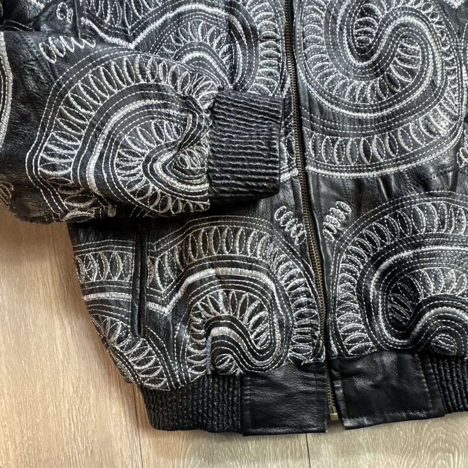 Selten!! Vintage Lederjacke bestickt Jugend Kinder groß schwarz weiß PARADISO - Bild 3 von 4