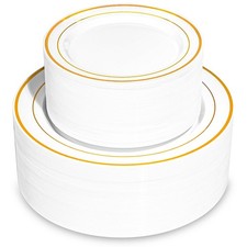 200PCS Gold Plastic Plates, Disposable Party Plates with Gold Rim, Include 10...