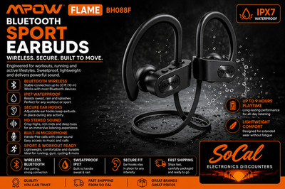 Mpow Flame Bluetooth Headset Wireless Earphones Stereo Ear Hook - BH088F Black