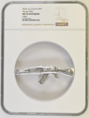 2 Oz Silver Coin 2024 Chad Assault Rifle NGC MS 70 Antiqued High Relief #406