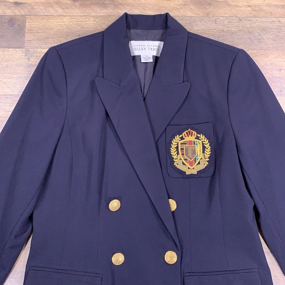 Blazer Ellen Tracy Mujer 8 Azul Marino Lana Dorado Botón Cresta Doble Pecho Chaqueta Foto 3 de 4