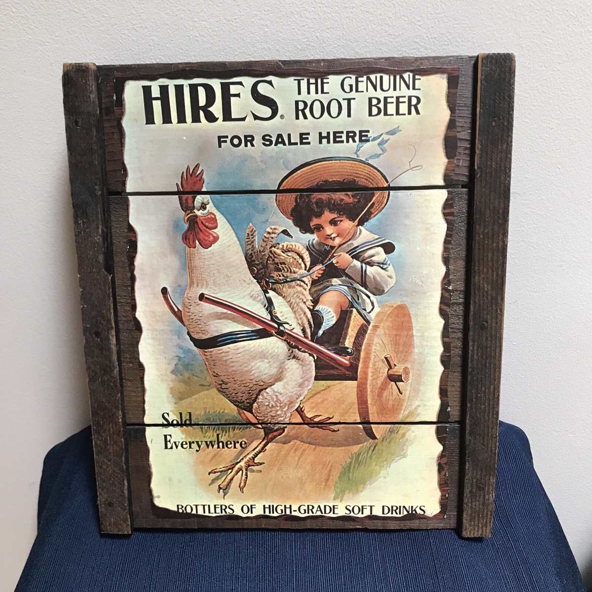 Hires Root beer advertisement decoupage on Antique Raisin Board