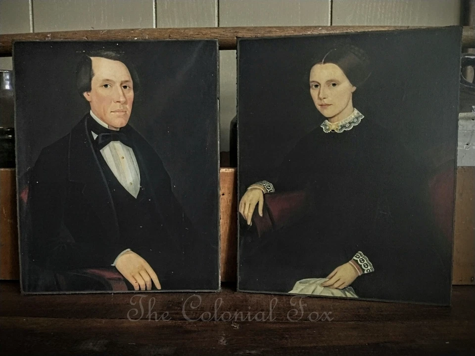 Reproducción colonial retratos en lienzo 8x10 arte popular primitivo americano temprano Foto 3 de 4