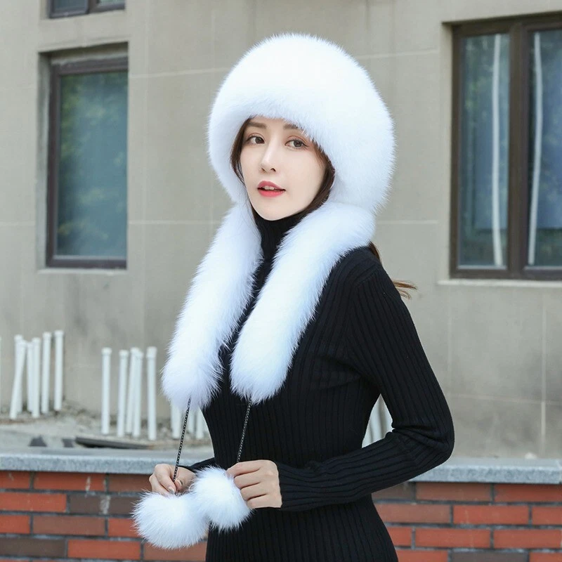 Womens Real Fox Fur Hat Knitted Beanie Bowler Hat Warm Scarf Collor Cape Wrap