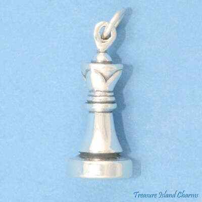 Queen Chess Piece Sterling Silver Charm - 3D .925 Solid Silver Pendant For Jewelry Making