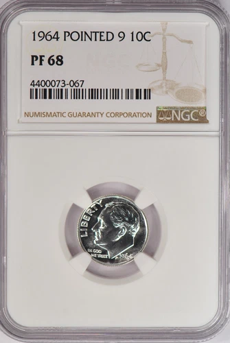 1964 POINTED 9 Roosevelt Dime Proof NGC PF 68 PR68 Gem Silver Coin 10C