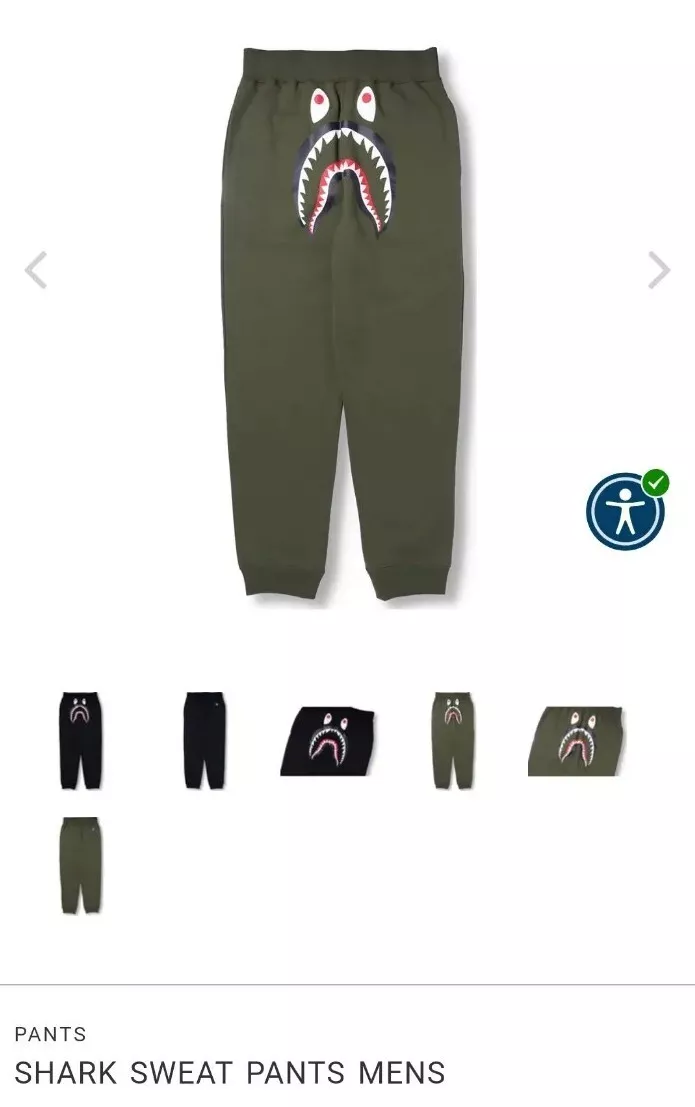 A BATHING APE Bape Shark Head OLIVE Sweat Pants AUTHENTIC
