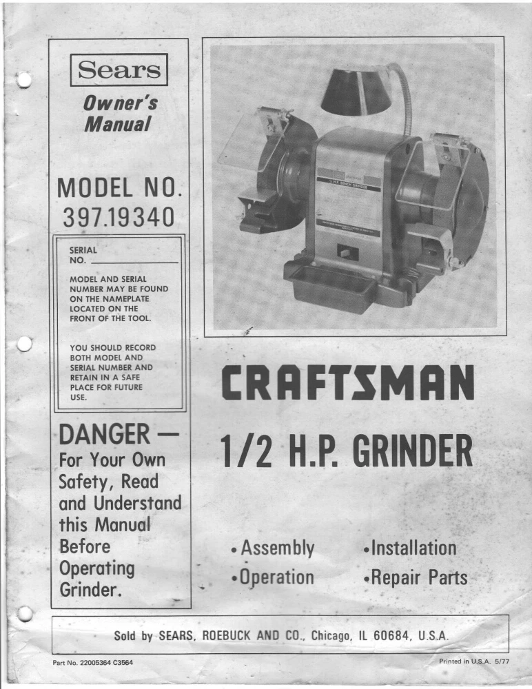 28246 Craftsman 397.19340 1/2 H.P. Grinder Owner's Manual Instructions