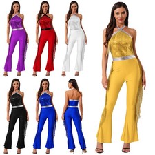 Womens 70s Disco Tassel Rompers Metallic Shiny Trim Fringe Flared Pants Jumpsuit